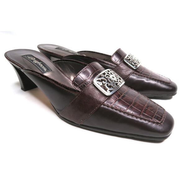 New BRIGHTON Steph Chocolate Brown Croc Embossed Leather Mules Women's Sz 7.5 - Picture 1 of 11